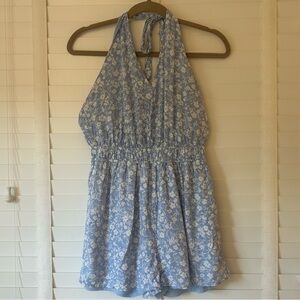 Aqua Romper Halter Light Blue Floral Shorts Length Small